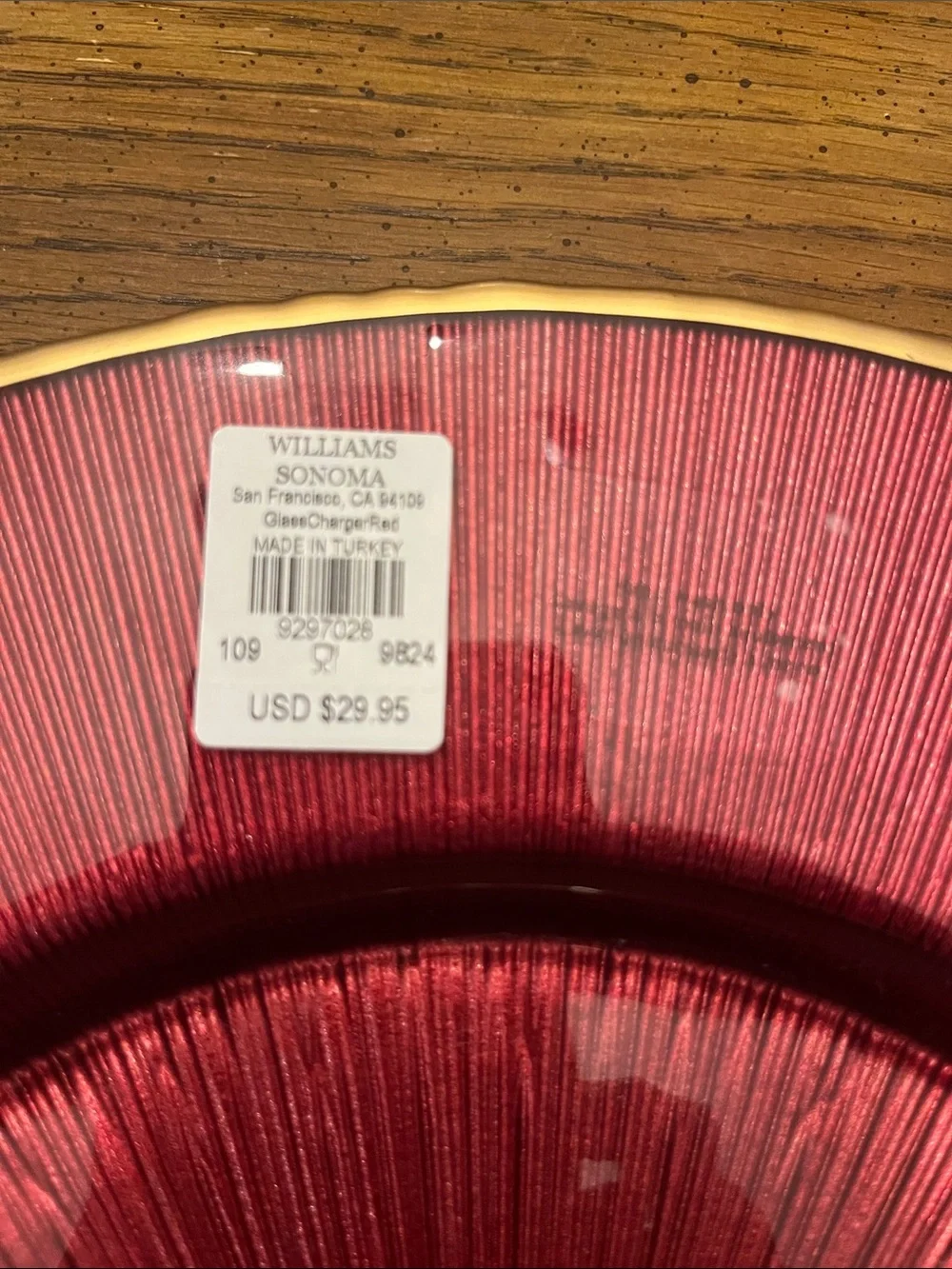 Williams Sonoma Red Charger Glass Plates with Gold Trim, new with tags